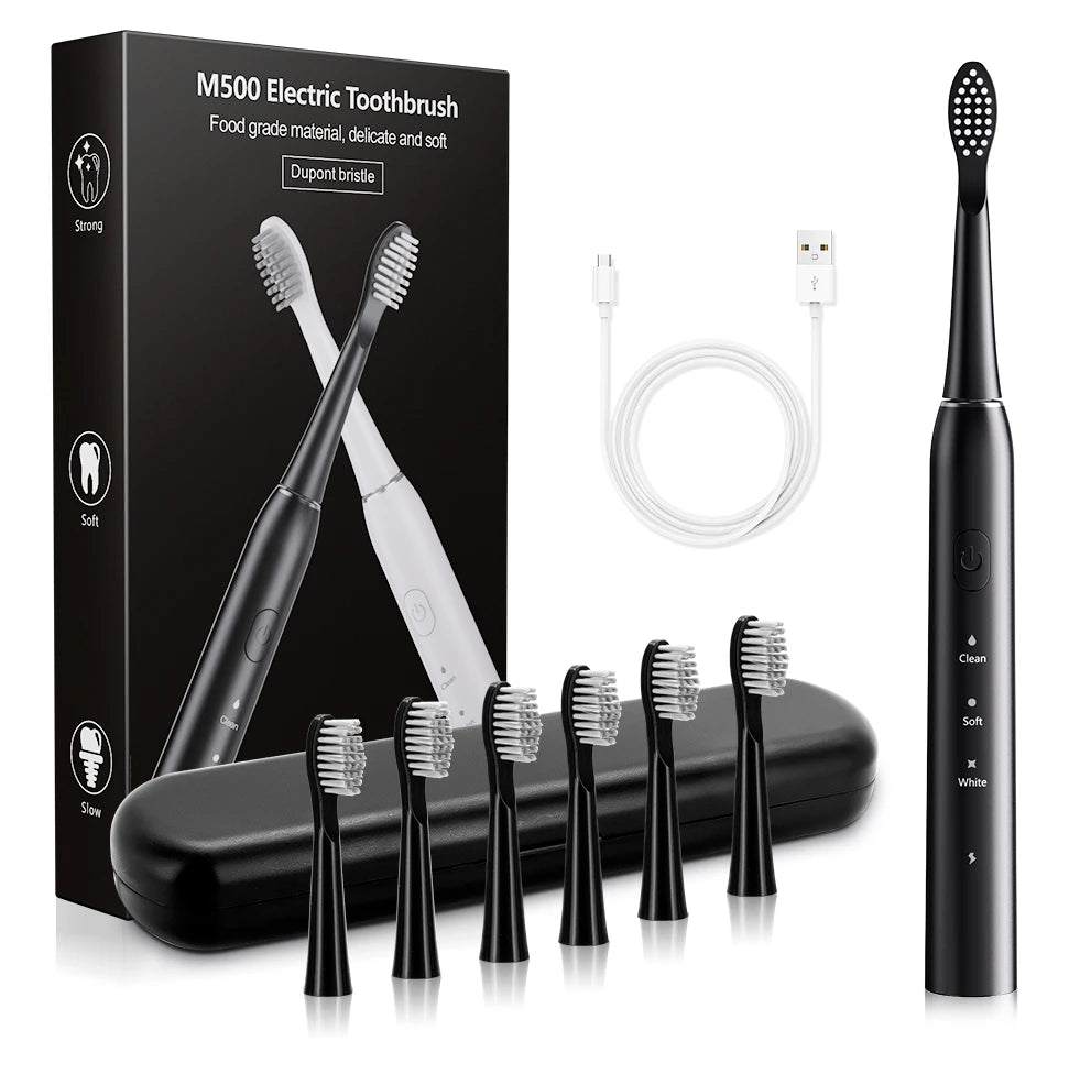 Escova Dentes Elétrica Sónica com 6 Cabeças - Timer Inteligente e Branqueamento Dental