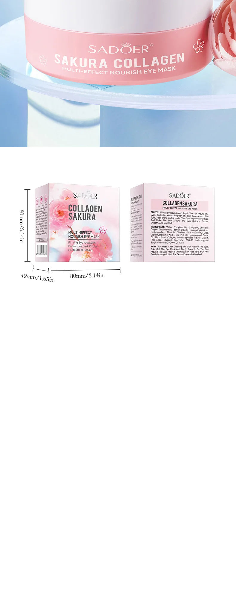 Máscaras Olhos SADOER Sakura Colágeno 60un – Anti-Olheiras Bolsas Hidratante Firmeza
