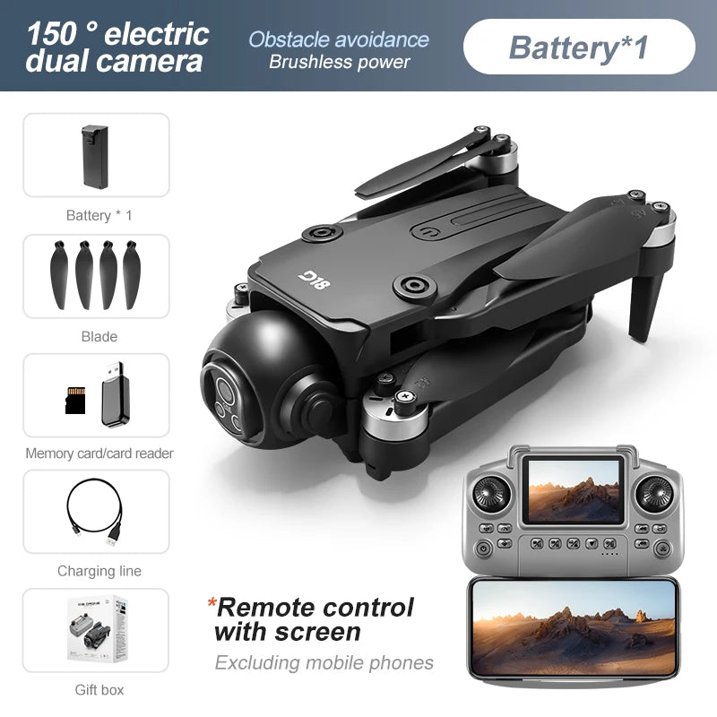 Drone Original D18 RC – 8K Profissional HD com Dupla Câmera, Desvio de Obstáculos 360°, Motor Brushless, Controle por Tela e Tecnologia Óptica Aérea