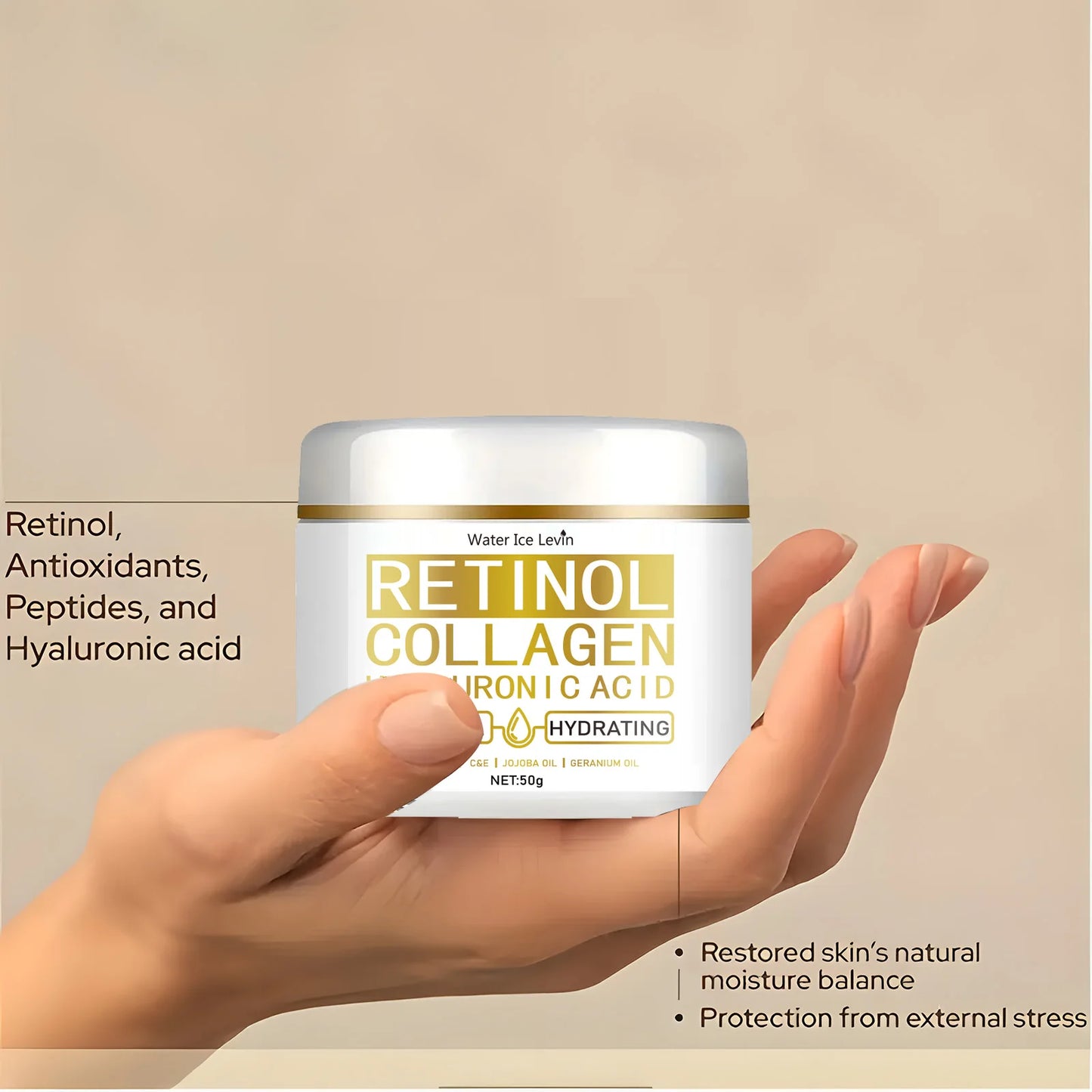 Creme Hidratante Retinol Colágeno – Anti-Rugas Vitamina C+E Firmeza Lifting Pele Jovem Hidratação Duradoura 50g
