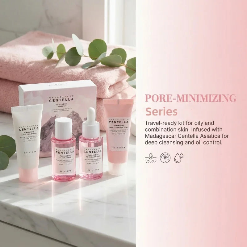 Kit de Viagem Skincare Coreano Centella & Sal Rosa — Tónico, Espuma, Ampola e Gel Creme | SKIN1004