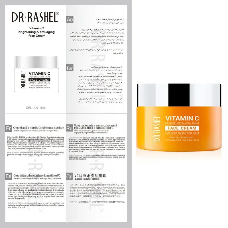Creme Facial Vitamina C DR.RASHEL – Clareador Hidratante Iluminador Melhora Linhas Finas Pele Opaca Ácido Hialurónico Anti-Idade