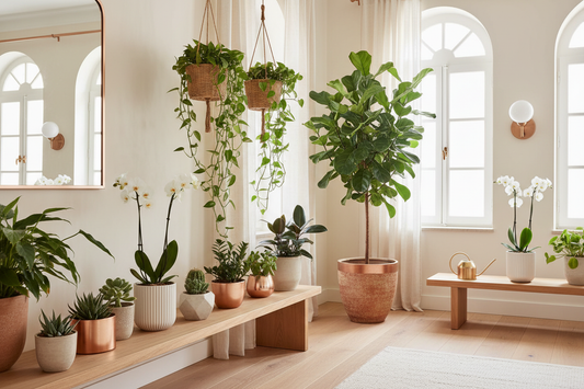 Plantas de interior decorativas em casa portuguesa com vasos de cerâmica e vime