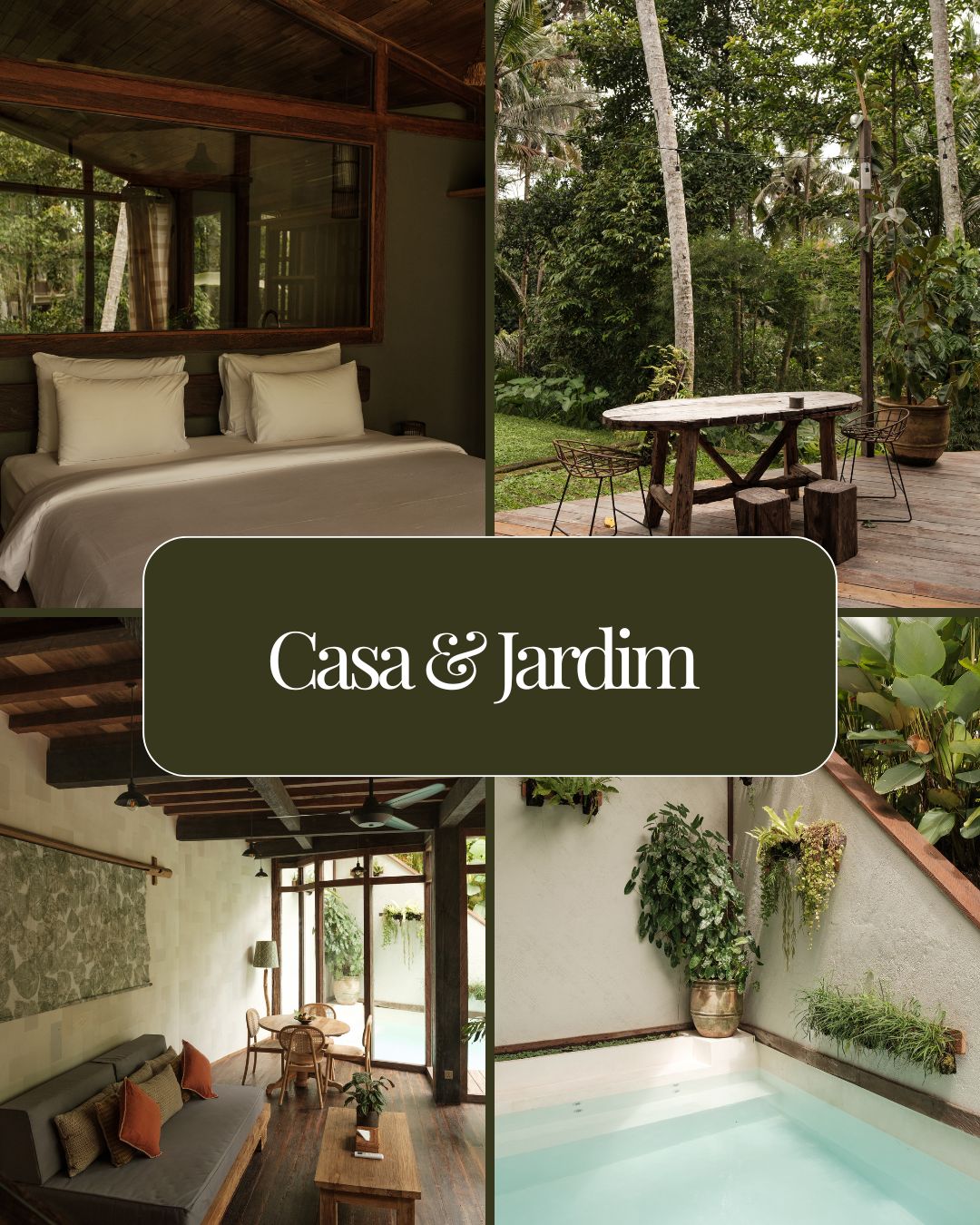 Cozy bedroom, outdoor rustic wooden dining table, stylish living room, and small pool with green plants