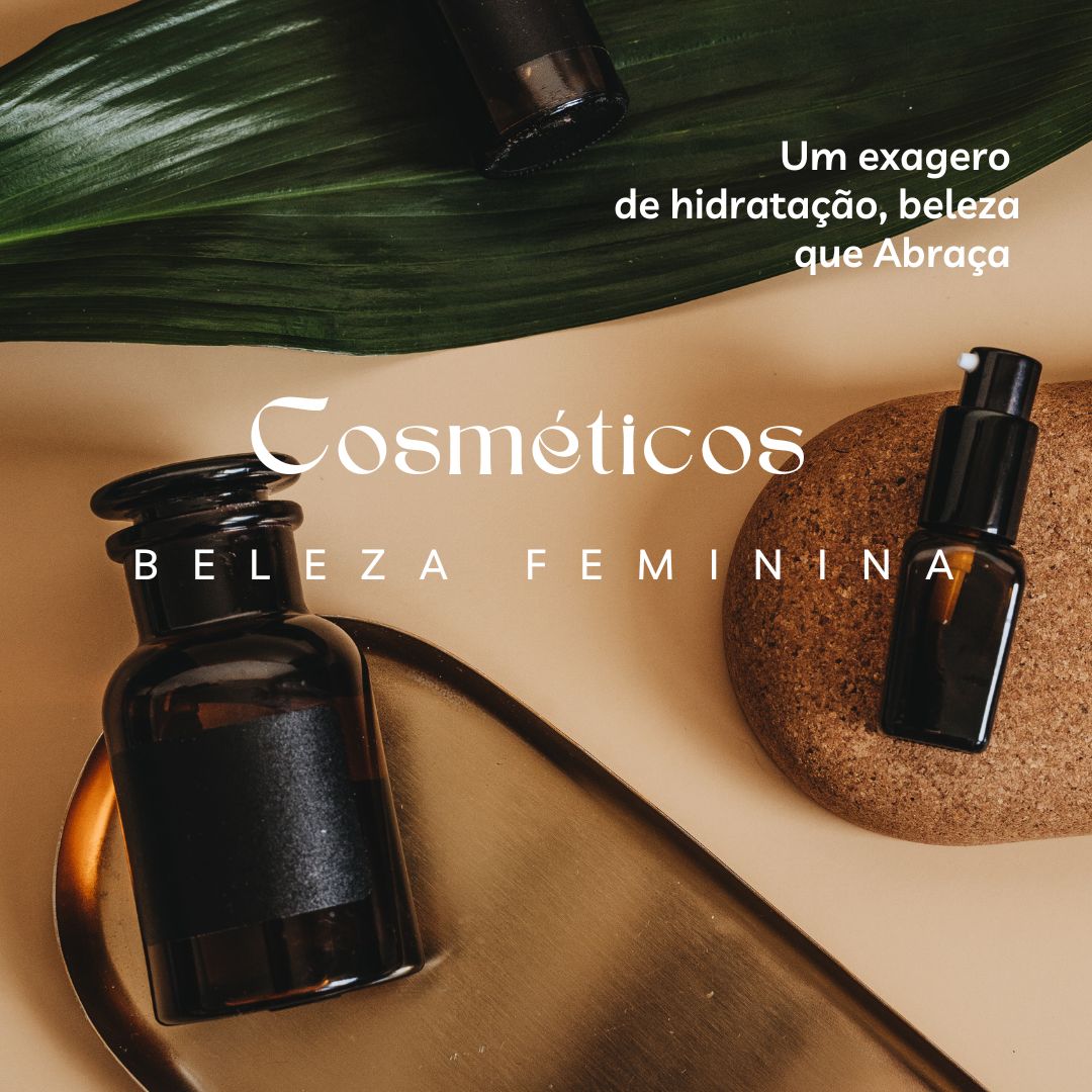 Dark brown cosmetic bottles with black labels on beige surface, green leaf, and stone, feminine beauty theme