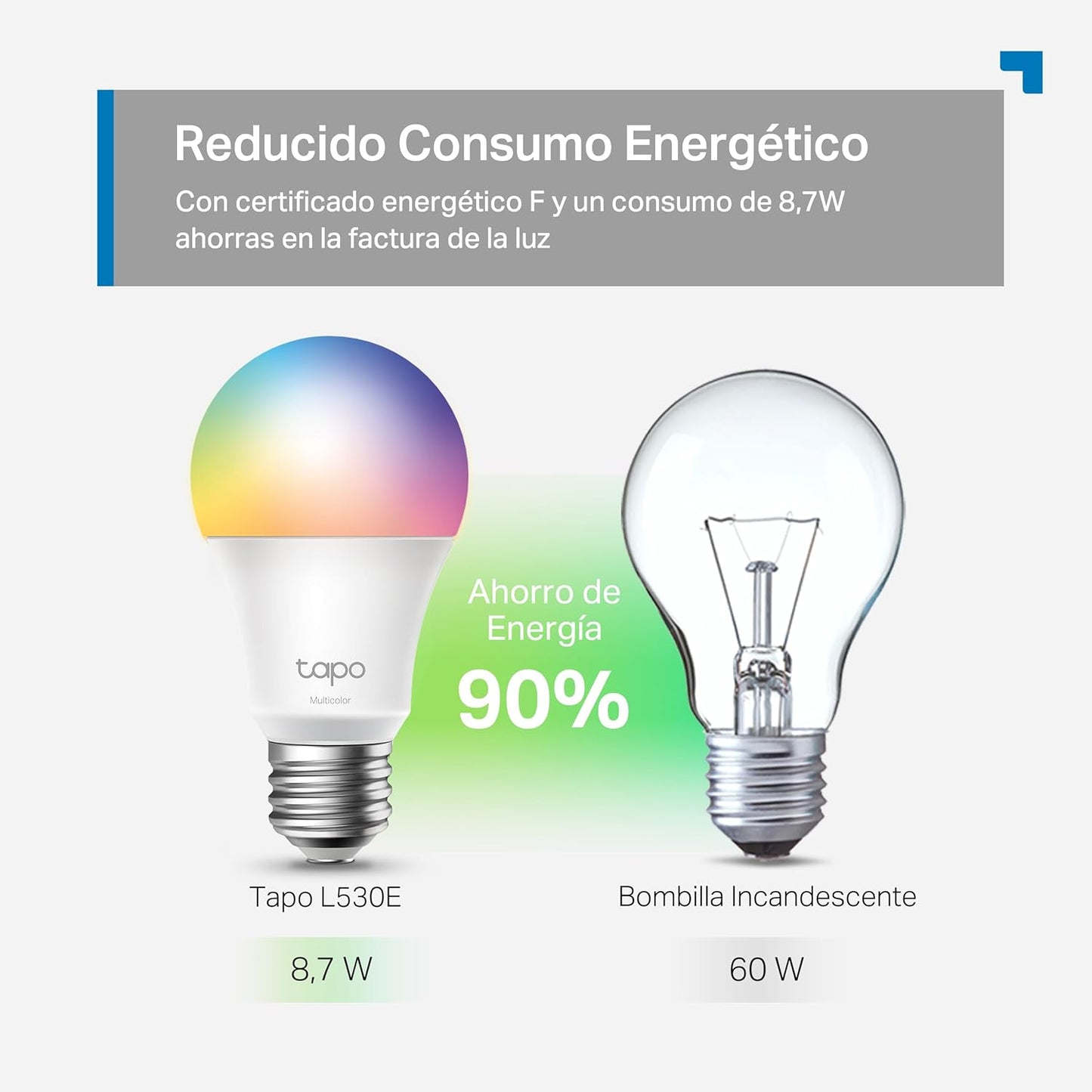 Tapo L530E – Lâmpada LED Inteligente Wi-Fi, Multicolor, Regulável, Casquilho E27, 8,7W, 806 lúmenes, Compatível com Alexa e Google Home (Pack de 1)