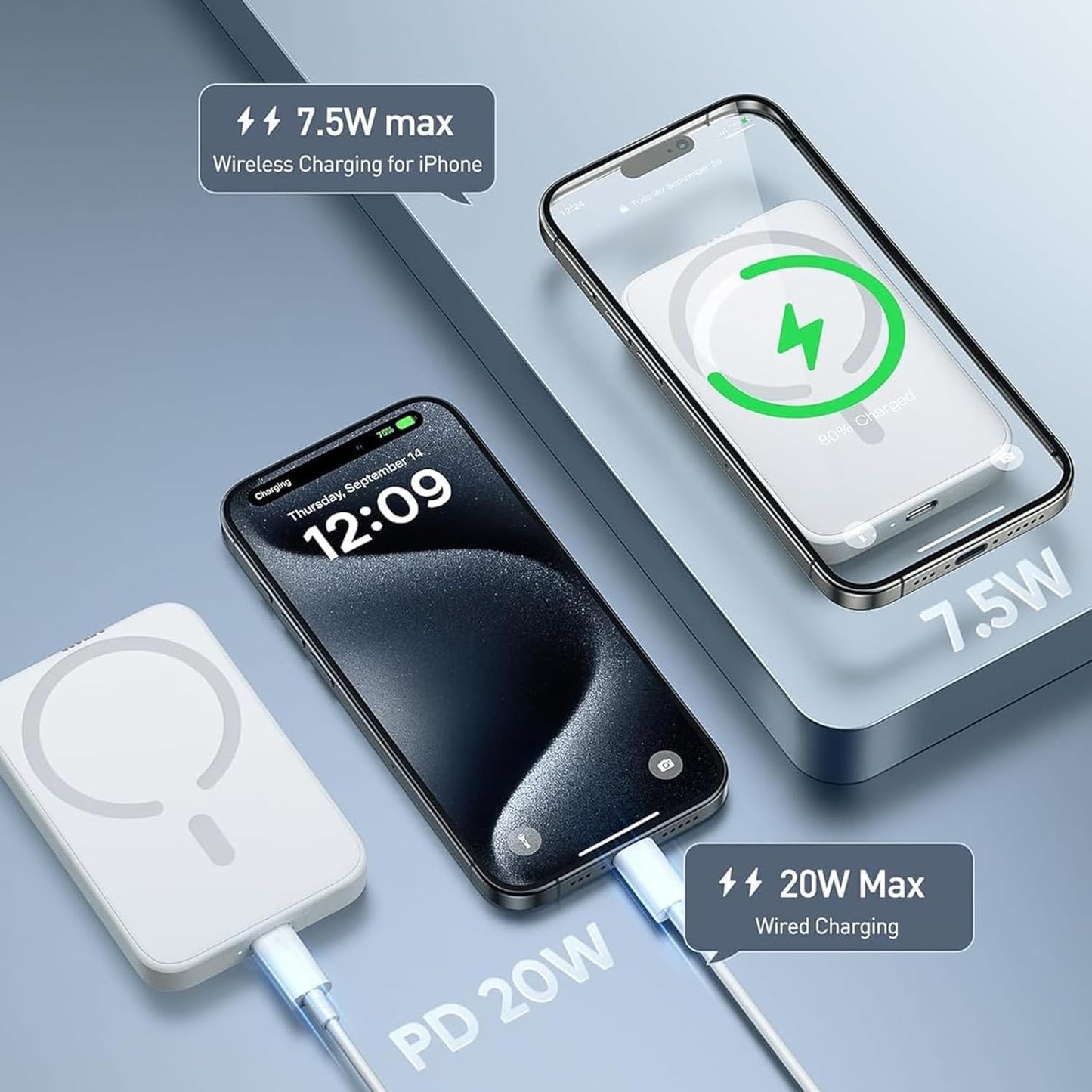 Power Bank Sem Fios Magnético, Bateria Externa 10000mAh, Carregador Sem Fios 20W USB-C Carregamento Rápido, Bateria Portátil Powerbank (Branco)