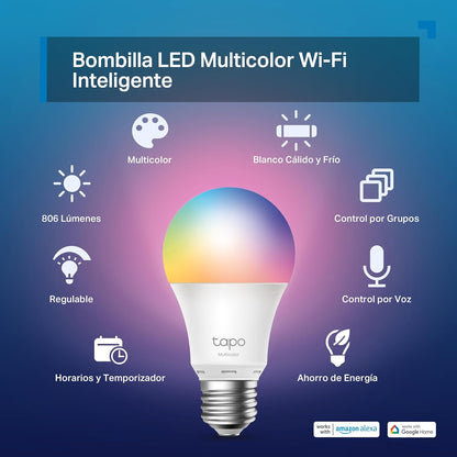 Tapo L530E – Lâmpada LED Inteligente Wi-Fi, Multicolor, Regulável, Casquilho E27, 8,7W, 806 lúmenes, Compatível com Alexa e Google Home (Pack de 1)