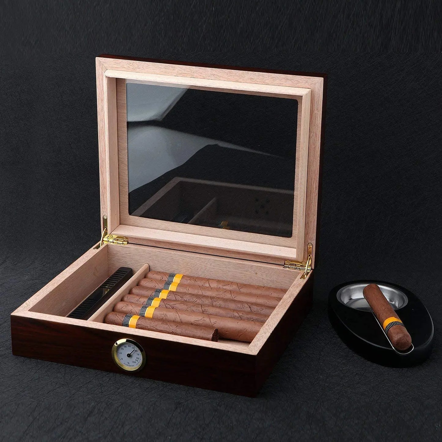 Cigarreira em Madeira com Higrômetro | Tampa de Vidro para Conservação Premium