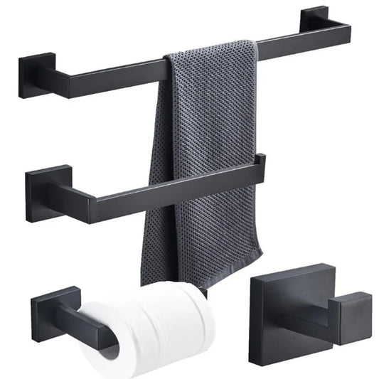 Kit Banheiro Preto Aço Inoxidável - Barra Toalha Completo