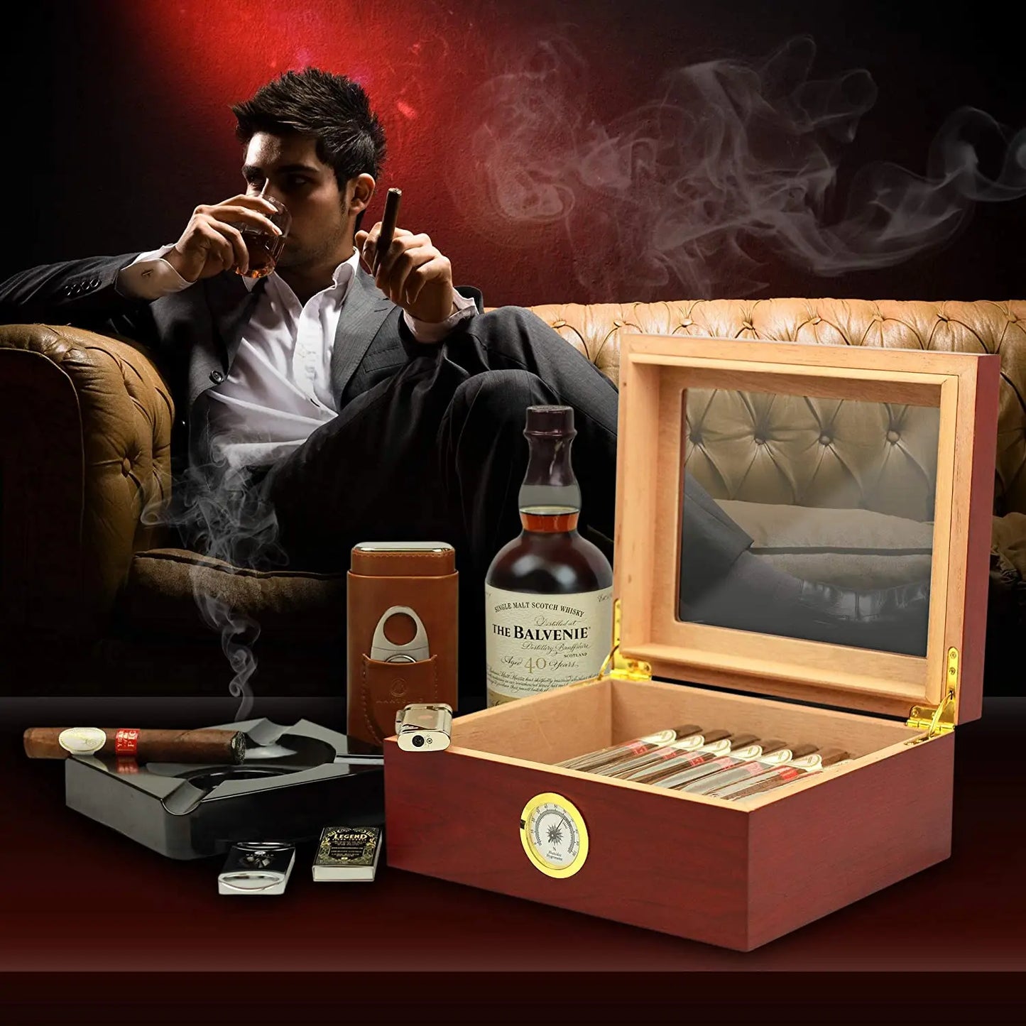 Cigarreira em Madeira com Higrômetro | Tampa de Vidro para Conservação Premium