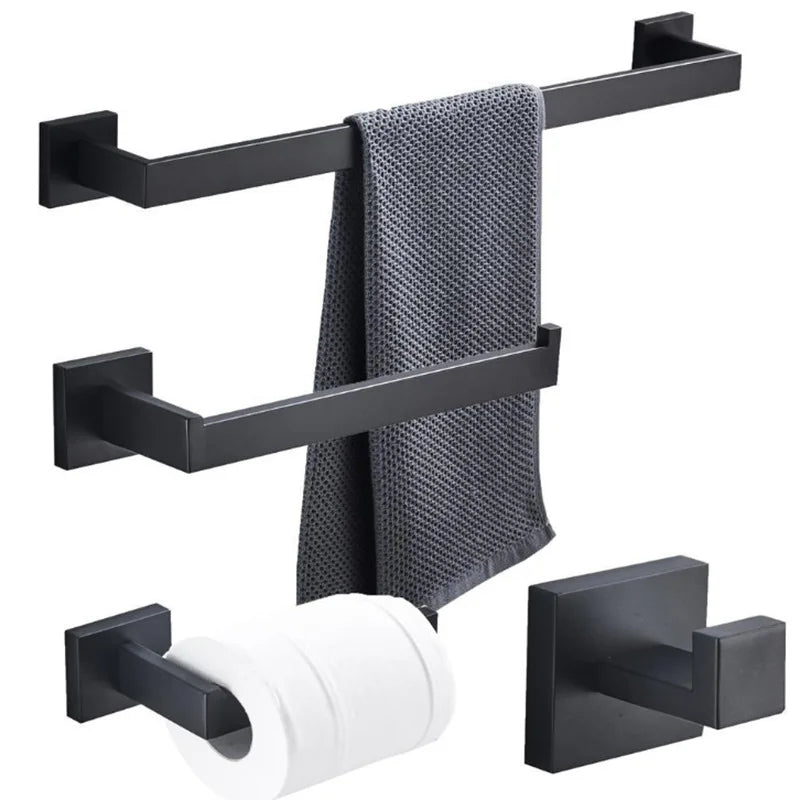 Kit Banheiro Preto Aço Inoxidável - Barra Toalha Completo