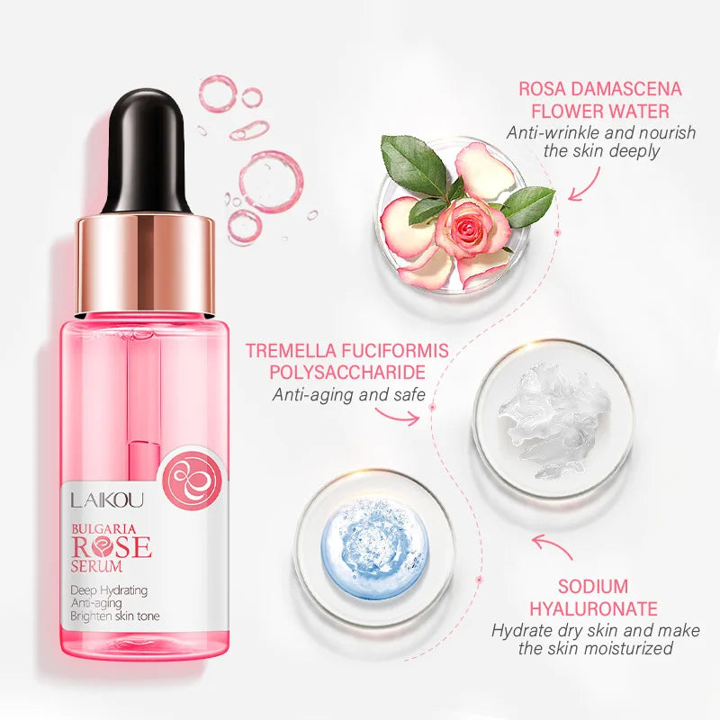 Sérum Facial LAIKOU Rosa Bulgária – Hidratante Anti-Idade Iluminador Manchas Poros Pele Radiante