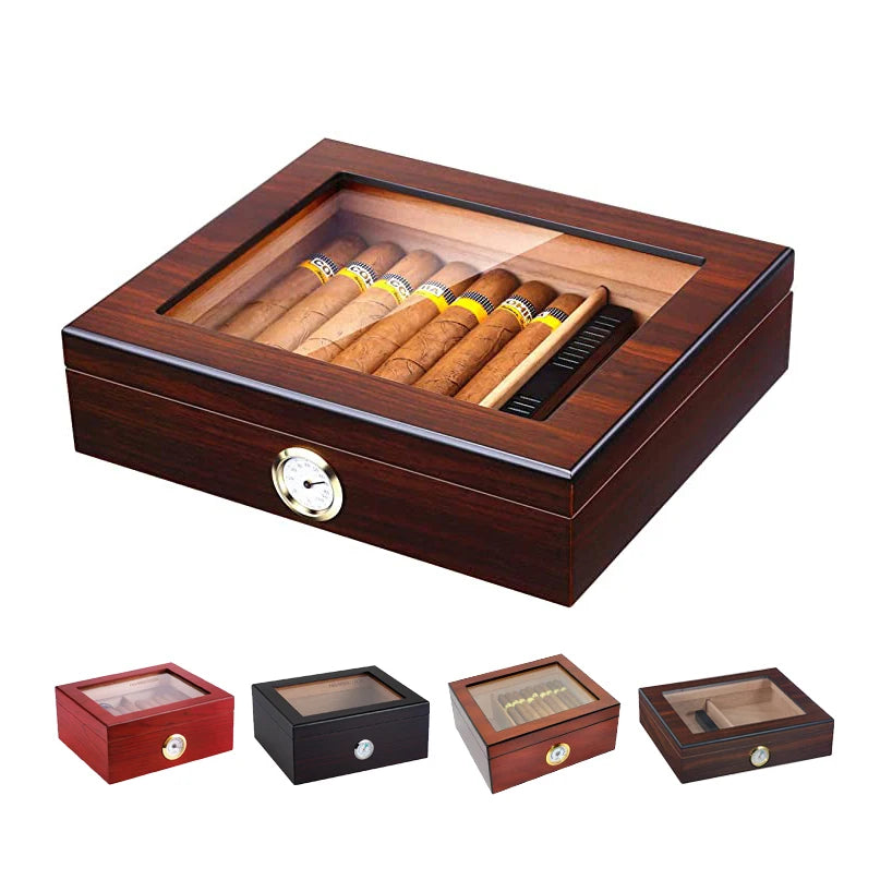Cigarreira em Madeira com Higrômetro | Tampa de Vidro para Conservação Premium