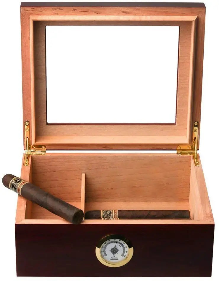 Cigarreira em Madeira com Higrômetro | Tampa de Vidro para Conservação Premium