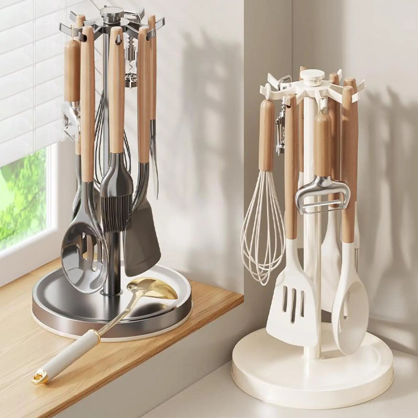 Suporte Utensílios Cozinha Rotativo 360º com 8 Ganchos – Organização Espátulas e Colheres | Alumínio