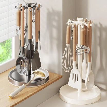 Suporte Utensílios Cozinha Rotativo 360º com 8 Ganchos – Organização Espátulas e Colheres | Alumínio