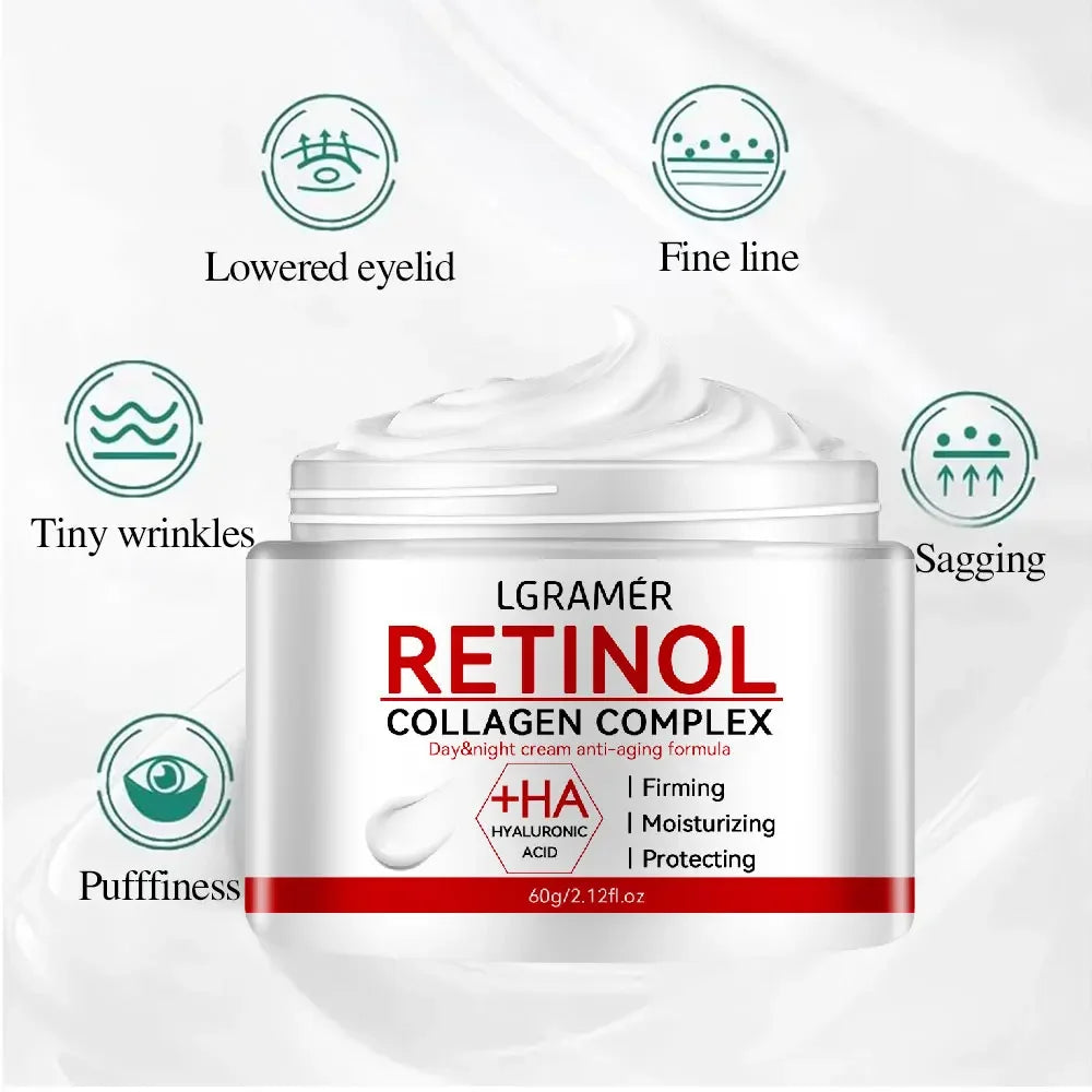 Lgramér Retinol Collagen Complex cream jar with benefits for fine lines, sagging, wrinkles, puffiness, and lowered eyelids