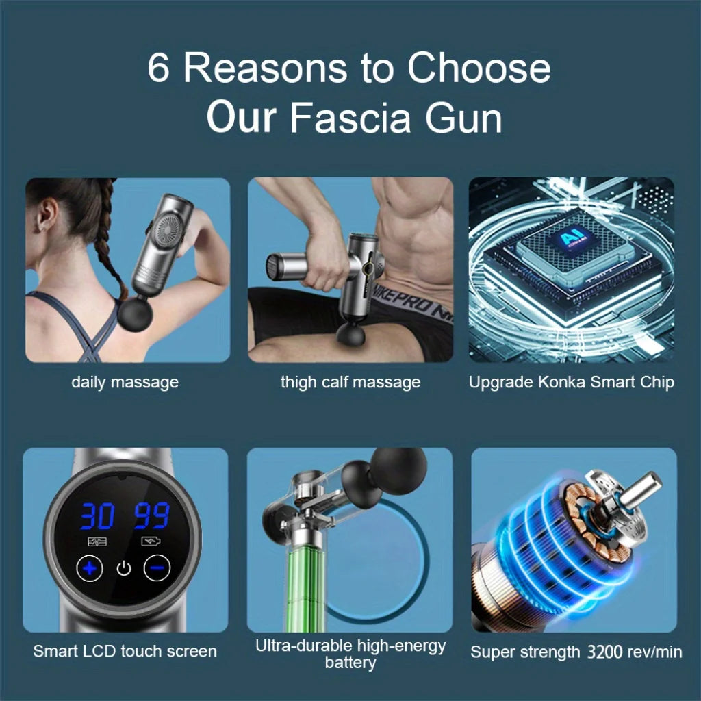Pistola de Massagem Muscular Profissional 99 Velocidades — Chip IA, Ecrã LCD, 4 Cabeças Intercambiáveis