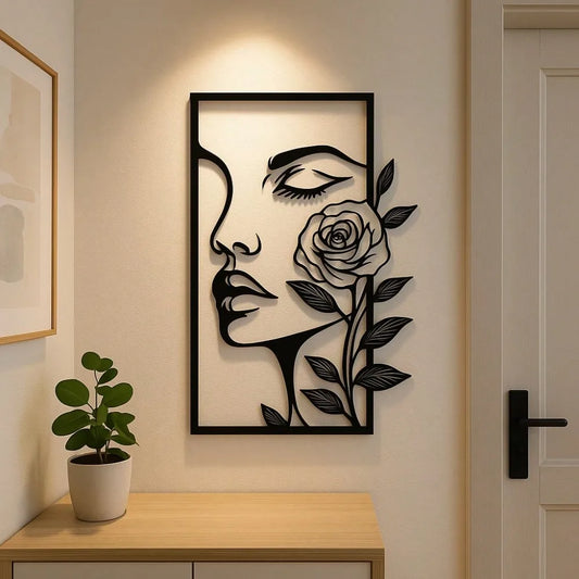 Arte de Parede em Metal – Silhueta Mulher com Flores Decoração Minimalista
