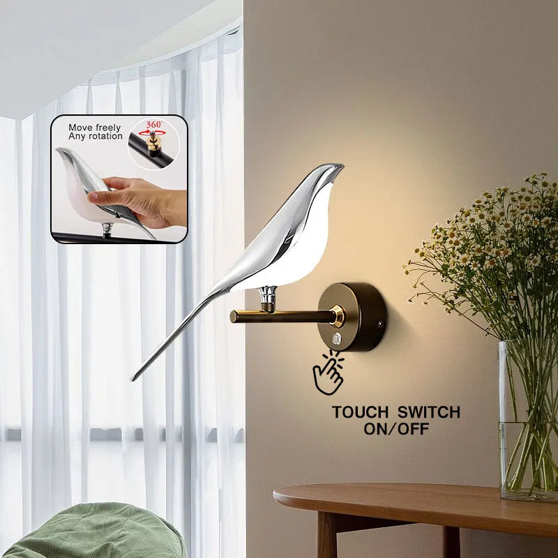 Arandela LED Pássaro Magpie Giratória 360° Dourada - Luminária Parede Nórdica para Quarto e Sala