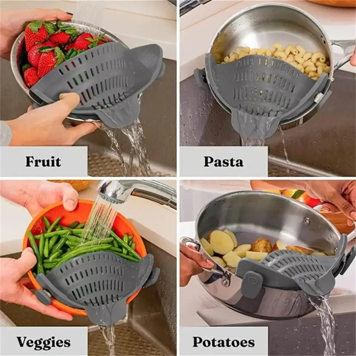 Coador Ajustável Clip-On em Aço Inox | Escorredor Universal para Panelas e Tigelas