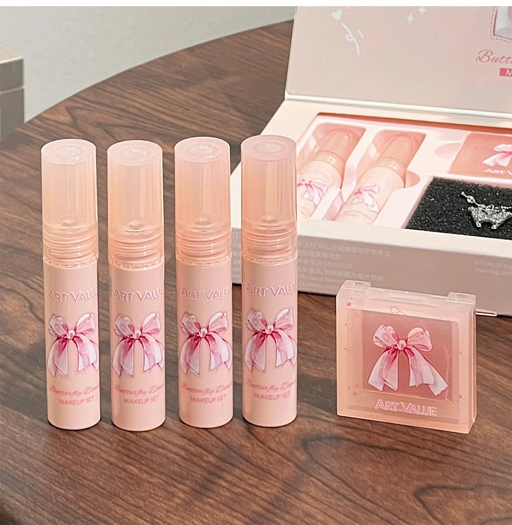 Conjunto de Batons Mate 6 Peças | Kit Veludo Nude com Blush e Colar Presente