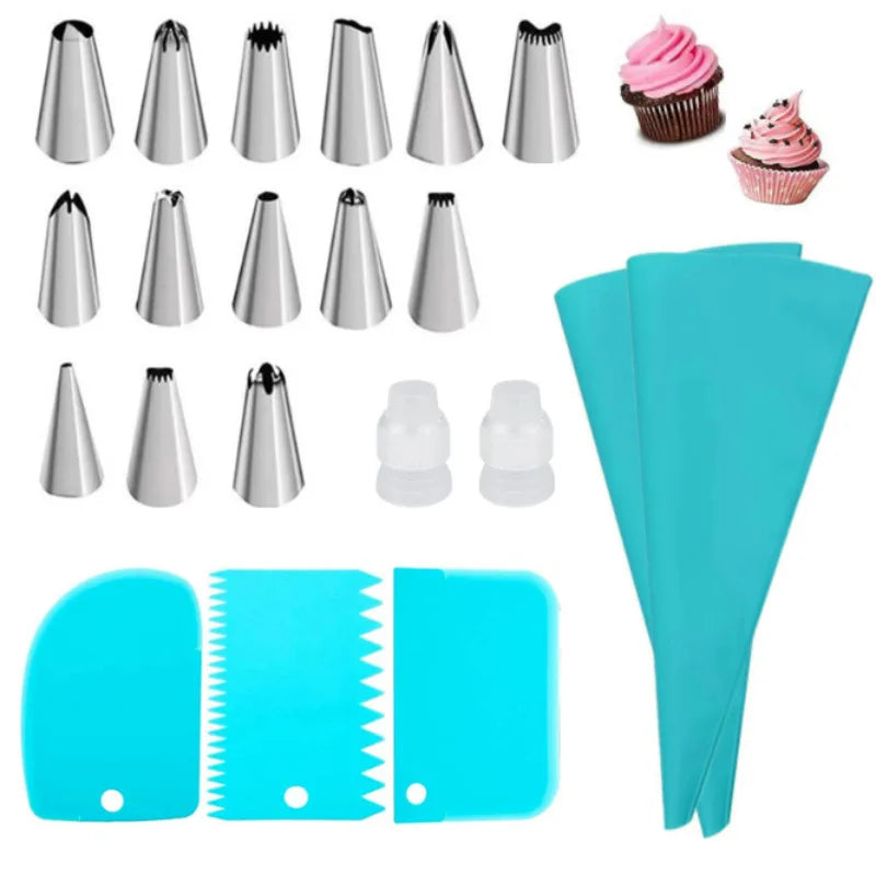 Kit Sacos de Pastelaria em Silicone – Bicos Inox Reutilizáveis para Decorar Bolos