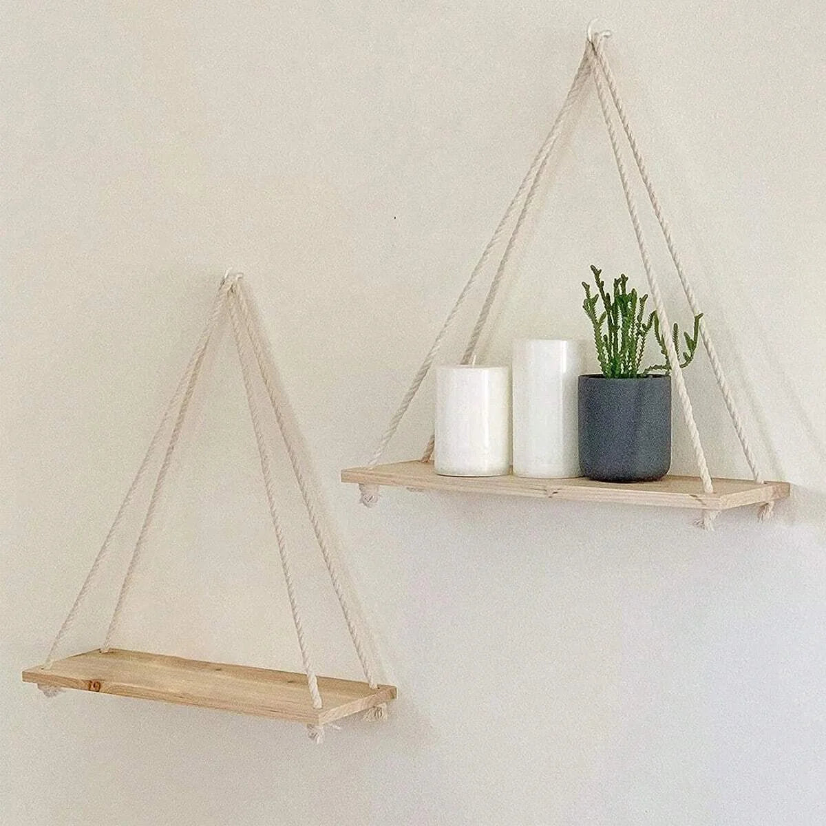 Prateleira Suspensa de Madeira com Corda de Cânhamo - Suporte Flutuante para Plantas e Decoração