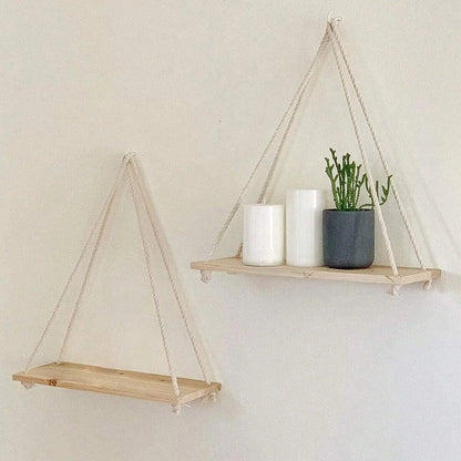 Prateleira Suspensa de Madeira com Corda de Cânhamo - Suporte Flutuante para Plantas e Decoração