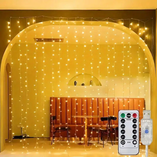 Luz de Cortina LED com Controle Remoto USB – 3m / 6m | 8 Modos de Iluminação | Decorativa para Quarto, Sala, Festas, Casamentos e Natal