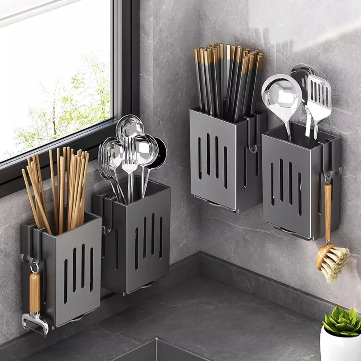 Suporte Utensílios Cozinha – Organizador Parede sem Furos para Colheres e Garfos