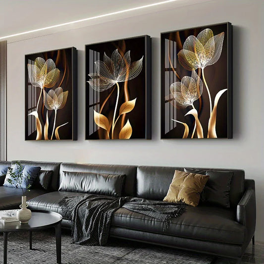 Quadro em Tela Flores Preto e Dourado – Arte Moderna Abstrata para Sala de Estar | Decoração de Casa