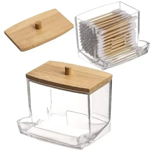Porta Cotonetes com Tampa de Bambu – Dispensador de Cotonetes | Recipiente Transparente em Plástico com Tampa de Bambu | Organizador para Casa de Banho