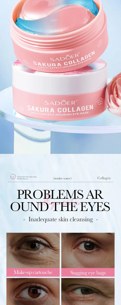 Máscaras Olhos SADOER Sakura Colágeno 60un – Anti-Olheiras Bolsas Hidratante Firmeza