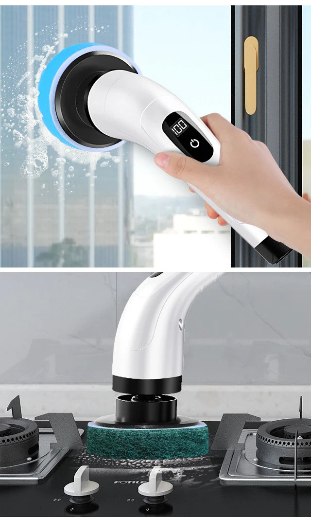 Escova Elétrica Limpeza 7-em-1 Sem Fios - 5000mAh IPX6 Extensível | Casa de Banho Cozinha