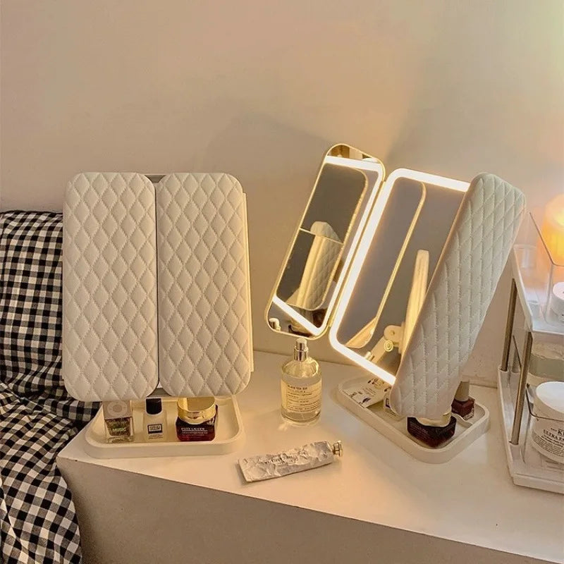 Espelho de Maquilhagem Tri-Fold com Luz LED | 3 Modos de Cor, Ampliação 3X e Base Desmontável