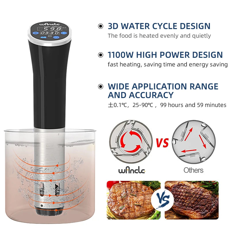 Sous Vide Wancle 1100W LCD - Circulador Imersão Cozinha Precisão IPX7 Impermeável Display Digital