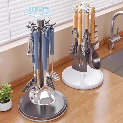 Suporte Utensílios Cozinha Rotativo 360º com 8 Ganchos – Organização Espátulas e Colheres | Alumínio