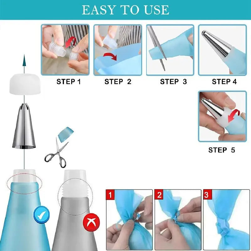 Kit Sacos de Pastelaria em Silicone – Bicos Inox Reutilizáveis para Decorar Bolos