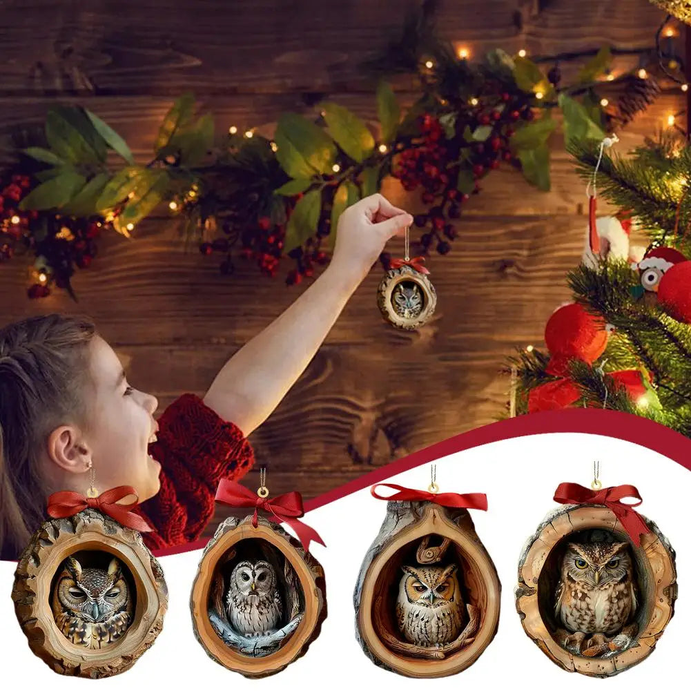 Pendentes de Natal Coruja em Acrílico 2D | Decoração para Árvore de Natal e Casa