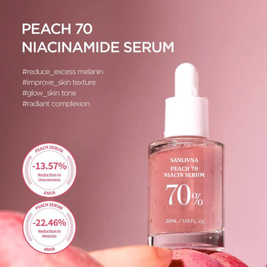 Sérum Pêssego 70% Niacinamida 30ml – Hidratante Facial Extratos Naturais Vegan Uniformiza Tom Limpeza Diária