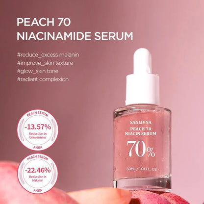 Sérum Pêssego 70% Niacinamida 30ml – Hidratante Facial Extratos Naturais Vegan Uniformiza Tom Limpeza Diária