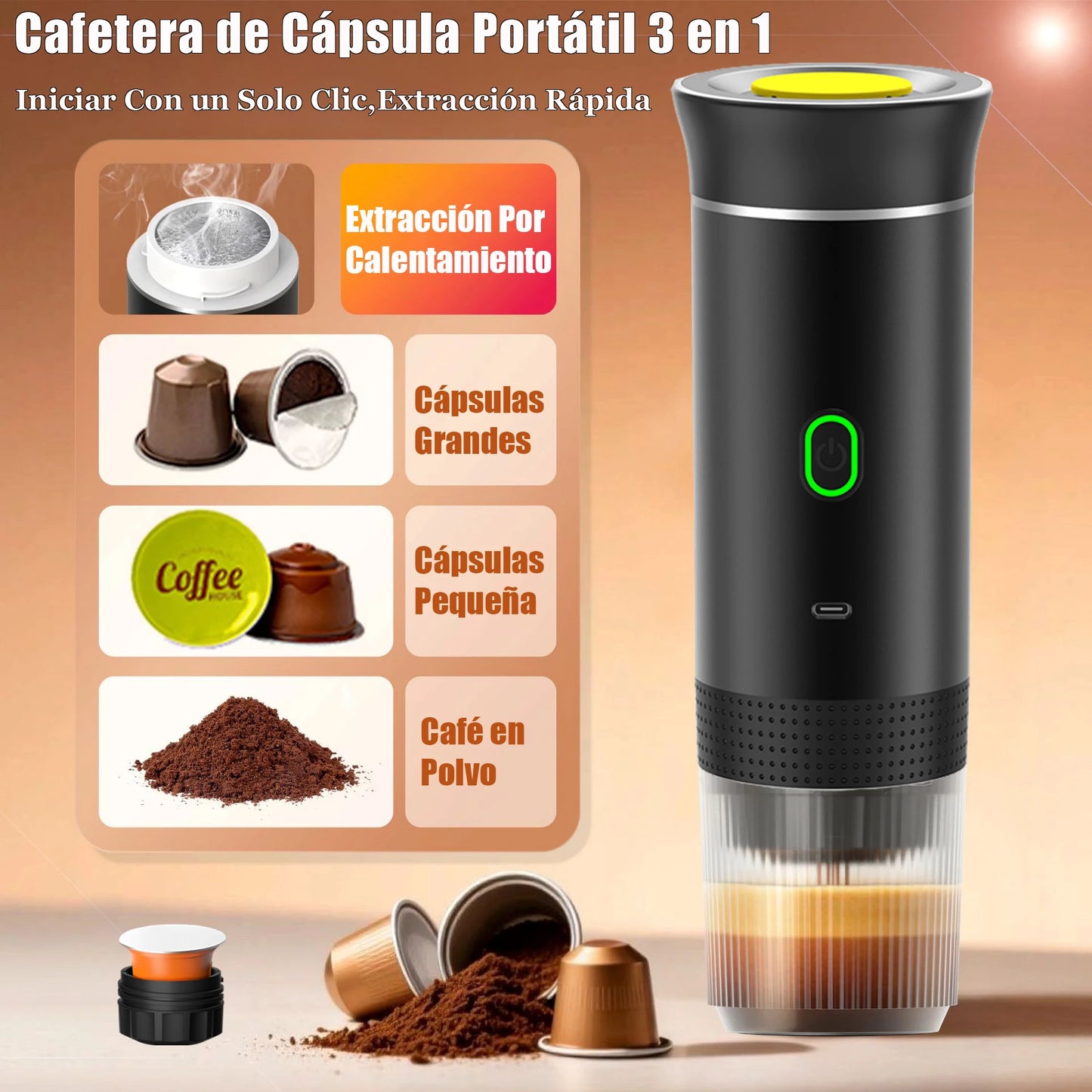 Máquina de Café Portátil 3-em-1 | Cápsula & Pó | Carro, Casa e Camping