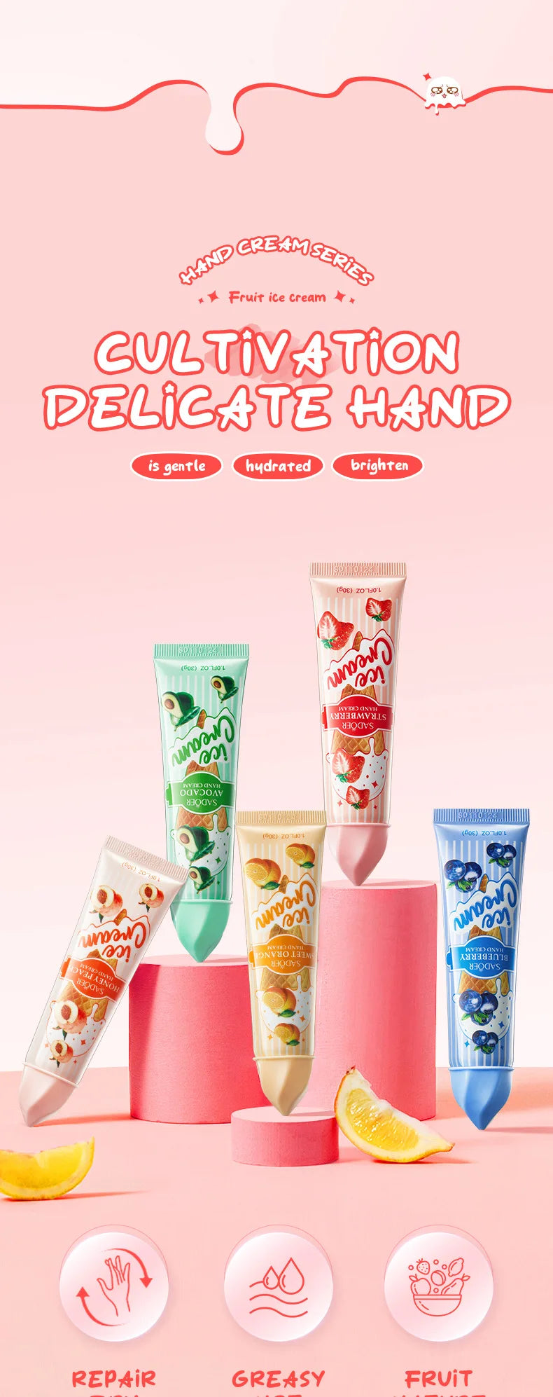 Kit 5 Cremes de Mãos SADOER Gelado de Frutas – Hidratante Nutritivo Iluminador para Cuidado de Pele das Mãos