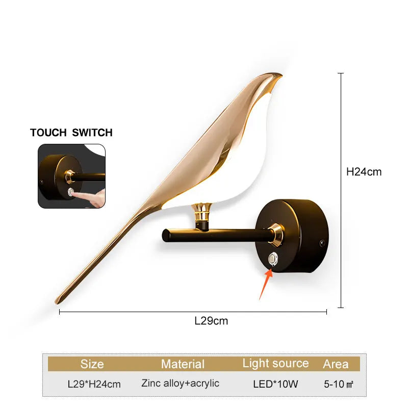 Arandela LED Pássaro Magpie Giratória 360° Dourada - Luminária Parede Nórdica para Quarto e Sala
