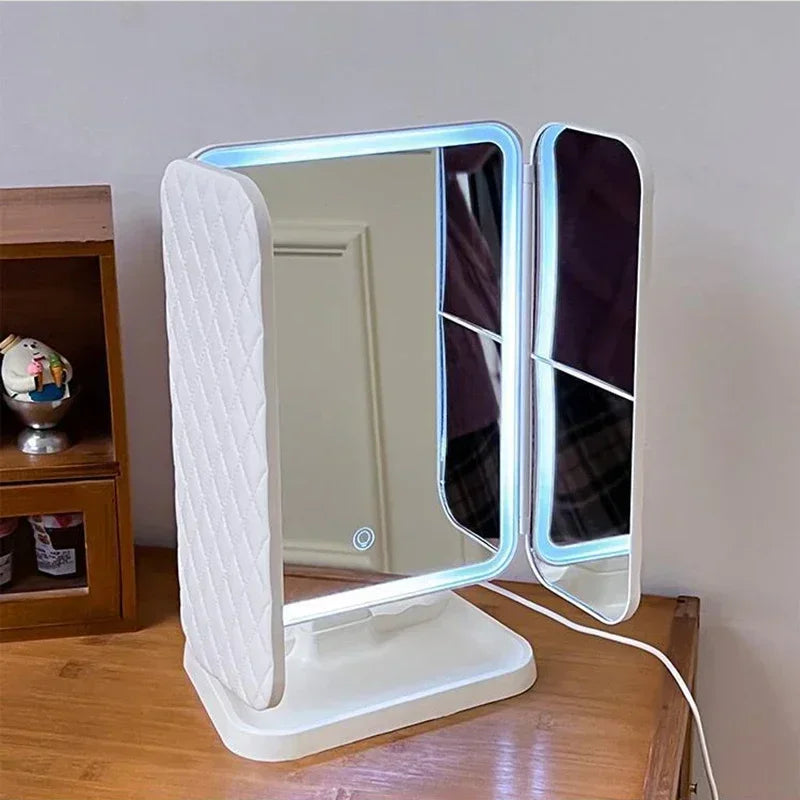 Espelho de Maquilhagem Tri-Fold com Luz LED | 3 Modos de Cor, Ampliação 3X e Base Desmontável