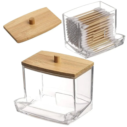 Porta Cotonetes com Tampa de Bambu – Dispensador de Cotonetes | Recipiente Transparente em Plástico com Tampa de Bambu | Organizador para Casa de Banho