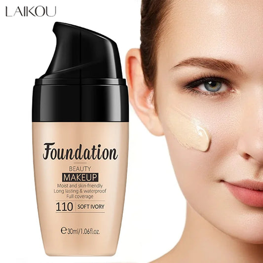 LAIKOU soft ivory foundation bottle with cream applied on woman's cheek, waterproof makeup