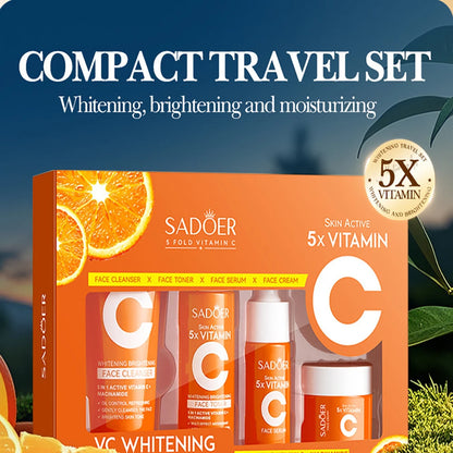 Kit de Cuidados com a Pele com Vitamina C – 5 Peças | Limpeza, Tónico, Essência, Creme e Hidratante | Conjunto Portátil para Viagem